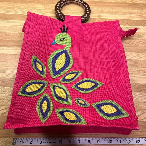 Pink Tweed Bird Applique Wood Handle Tote Zippered Top - Picture 6 of 9